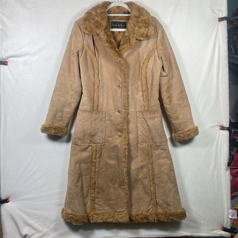 Vintage Nicole Miller Suede Leather Faux Shearling Long Coat Tan Y2K Women’s M